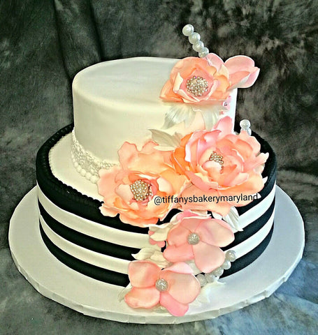 Peony Celebration Tier Cake With Ribbon Stripes