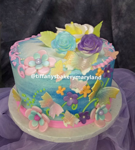 Butterflies and Flowers on Round Cake