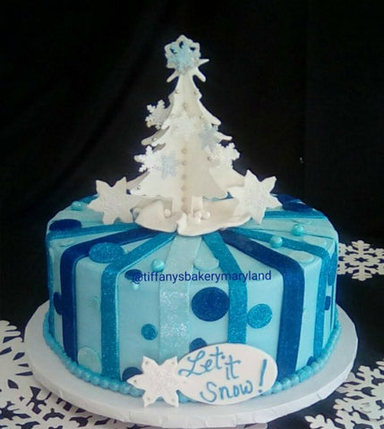 White Christmas Tree on Striped Round Cake