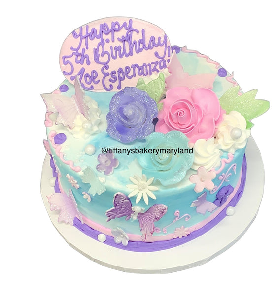 Butterflies and Flowers on Round Cake