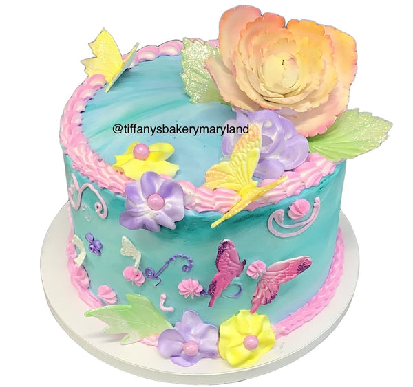 Butterflies and Flowers on Round Cake