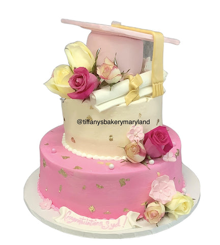 Graduation Celebration Tier Cake with Pink Cap and Fresh Flowers