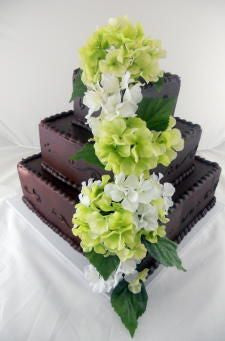 Hydrangeas on Chocolate Frosted Premier Wedding Cake