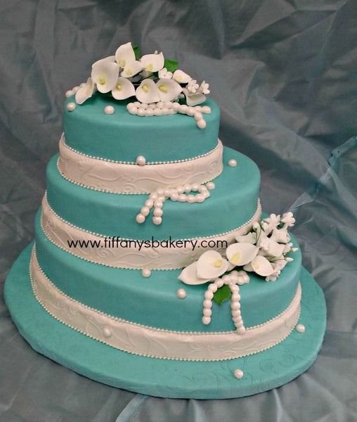 Blue Oval Calla Lily Rolled Fondant Wedding Cake