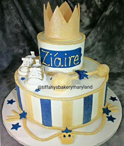 Royal Crown and Tennis Shoe Baby Shower Celebration Tier Cake Tiffany's Bakery