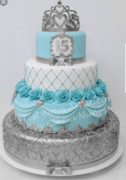 Aqua and Silver 4 Tier Cake - Quinceanera