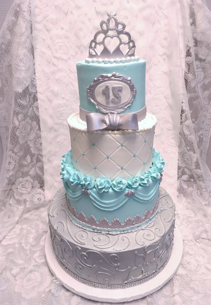Aqua and Silver 4 Tier Cake - Quinceanera