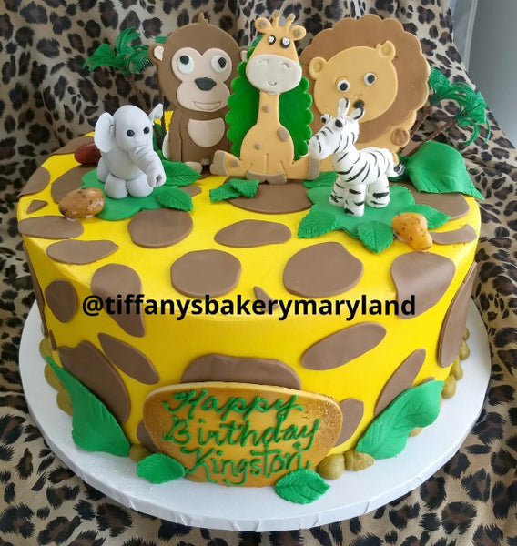 Giraffe Print with Jungle Animals - 12" Round Cake