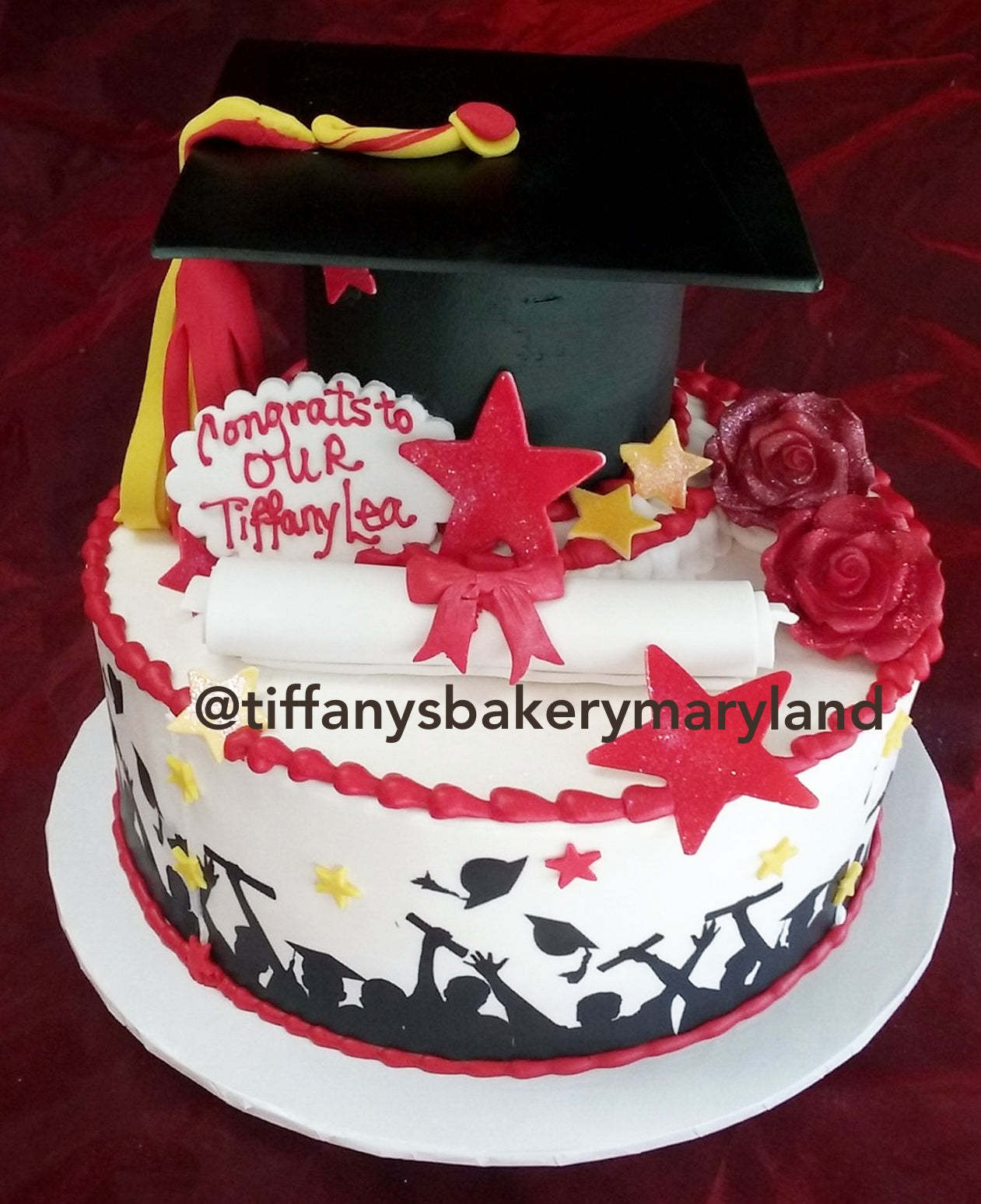 Red And Black Graduation Caps In The Air