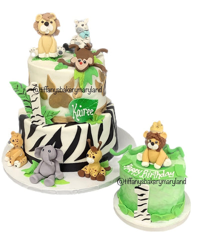 Jungle Safari Celebration Tier Cake with handmade gumpaste animals