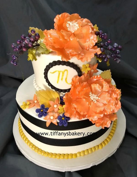 Peony  Celebration Tier Cake With Ribbon Stripes