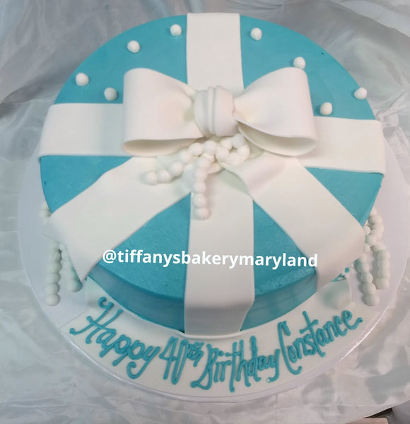 Gift Round Cake Tiffany Blue with Fondant Ribbon